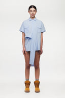 Blue shirt with 4 sleeves making a tie waist 
